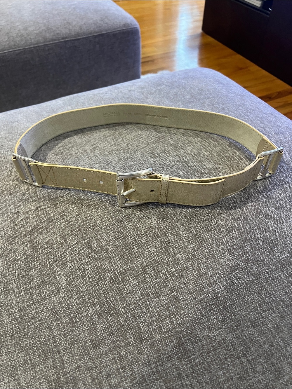 MICHAEL Michael Kors Taupe Leather Wide Belt with Silver Buckle